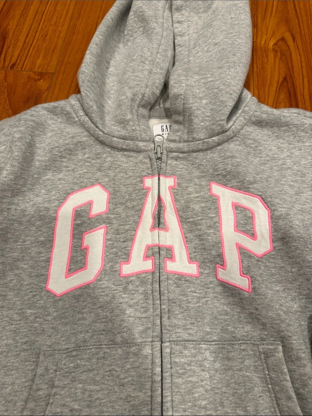 GAP Gray Zip-Up Hoodie with Pink Lettering